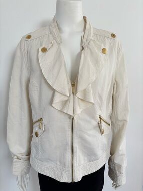 Chaus Cream Linen Ruffle-Front Bomber Jacket with Gold Buttons